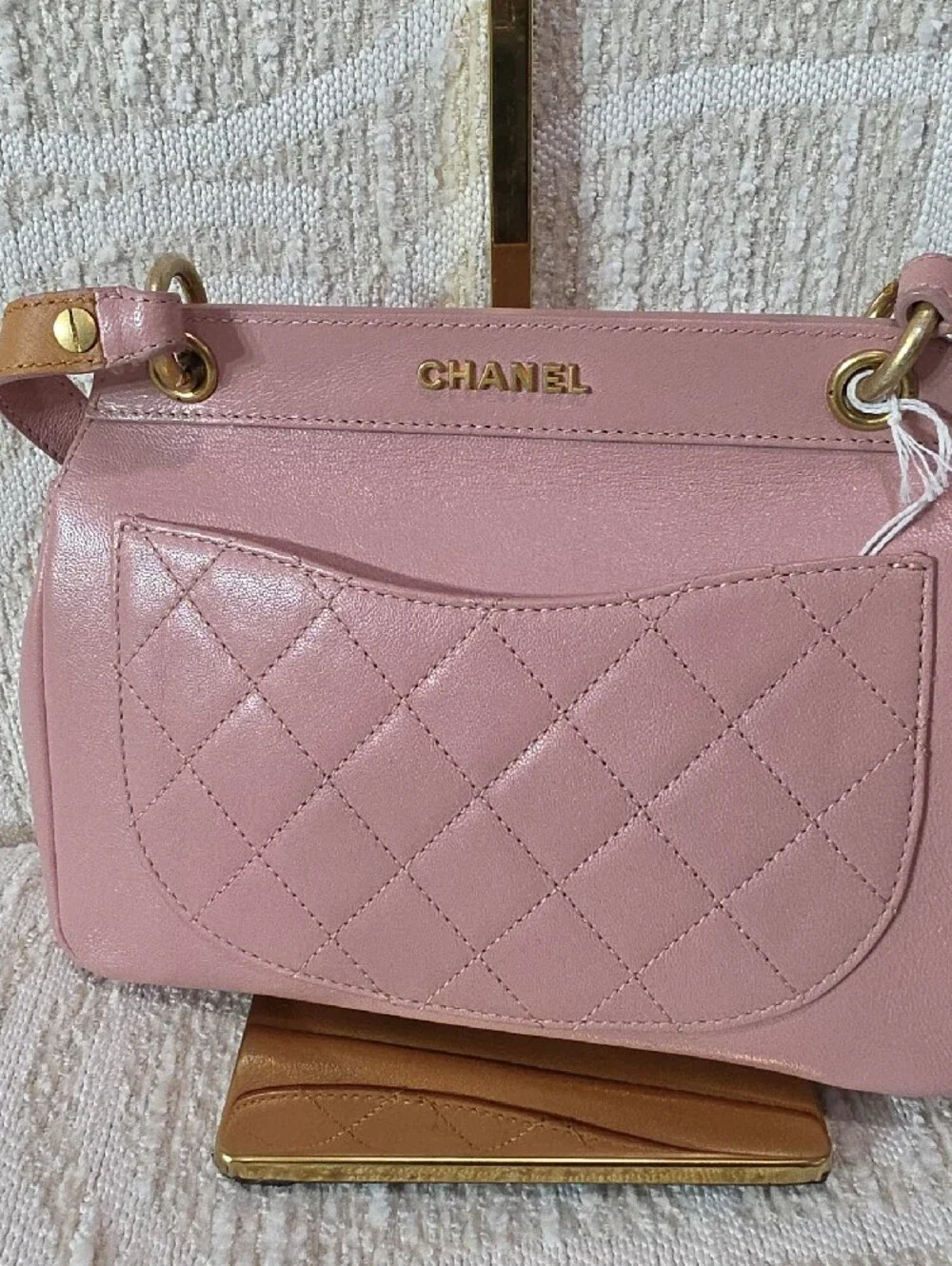 CHANEL Pink Quilted Leather Shoulder Bag with Gold Chain and CC Lock